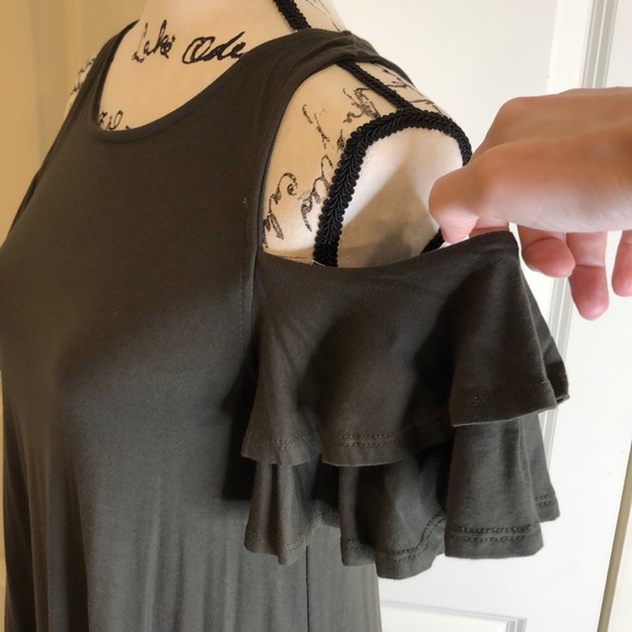 Olive Cold Shoulder Swing Dress Ruffled Sleeves - Picture 7 of 9